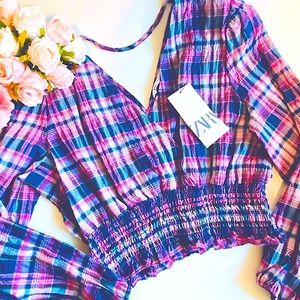 NWT ZARA PLAID TOP Boho Retro size M